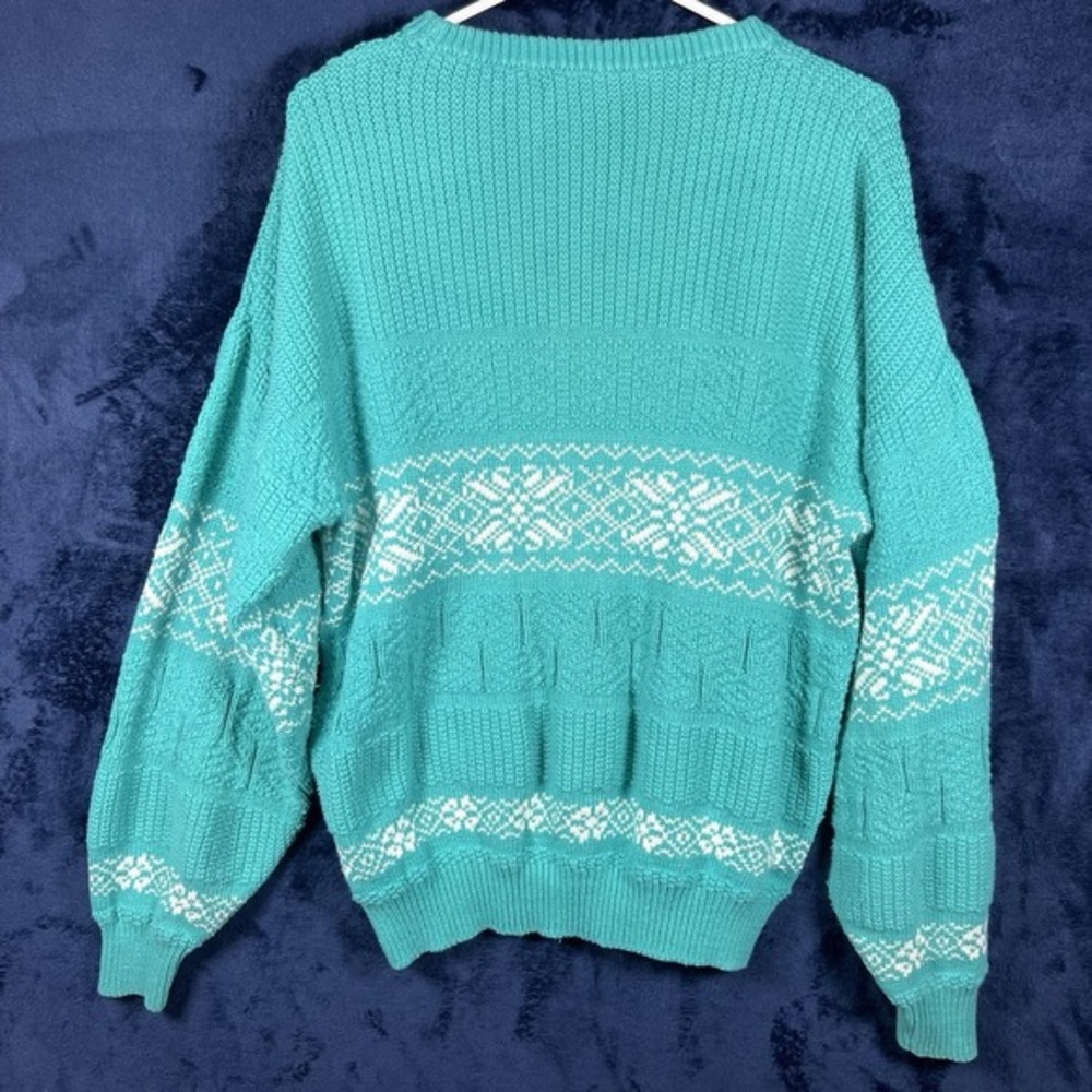 Vintage Saks Fifth Av Teal Sweater Made In Italy XL White Snowflake Pattern - Picture 10 of 15